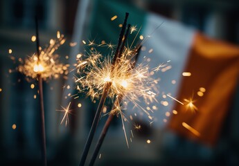 close-up of sparklers with a large irish flag in the background, symbolizing festive joy and national pride on a holiday, Ireland celebration concept. 
