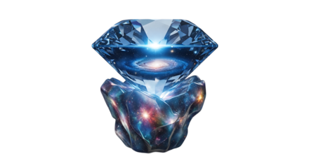 A mesmerizing diamond, isolated on transparent background, showcases a captivating galaxy within its facets, resting upon a cosmic rock formation, creating a surreal and enchanting visual spectacle of