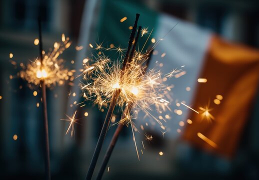 close-up of sparklers with a large irish flag in the background, symbolizing festive joy and national pride on a holiday, Ireland celebration concept.  - Powered by Adobe