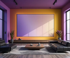 Fototapeta premium Vibrant Modern Living Room with Gradient Walls and Blank Canvas
