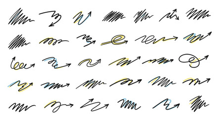 A collection of hand drawn scribbled and doodle arrows in black and yellow.