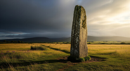 Ancient monolith standing alone under dramatic sky.
A solitary, weathered standing stone stands prominently in a golden field under a dramatic and contrasting sky
