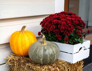 Autumnal display of pumpkins and flowers