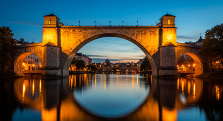 Fototapeta premium Ponte pietra illuminated at dusk in verona, italy, reflecting in river