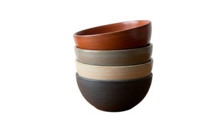 A stack of four ceramic bowls in varying earth tones, isolated on transparent background, showcasing a simple and rustic aesthetic, perfect for serving food or as decorative elements in a minimalist s