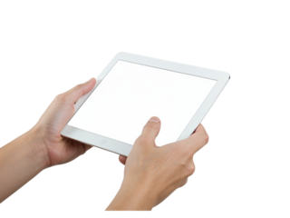 Hands holding a bright digital tablet displaying a blank screen ready for content isolated on transparent background