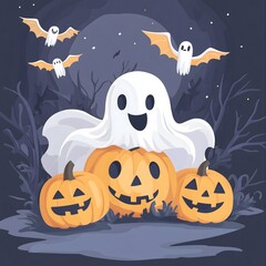 The cute ghost with pumpkin and bats with halloween background
