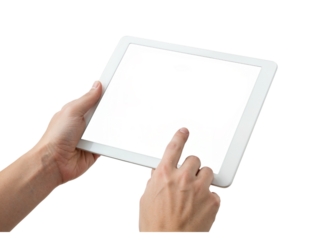 Hands holding and touching a blank white tablet screen interactive device isolated on transparent background