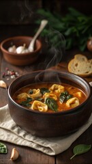 Steaming bowl of delicious tortellini soup with fresh spinach and a rich tomato broth, served on a rustic wooden table, perfect for a cozy and comforting meal on a chilly day