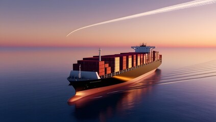Serene Sunset: Large Container Ship Sailing Calm Ocean Waters, Global Trade and Maritime Transportation Concept, Aerial View