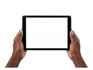 Person holding a digital tablet with a blank screen for content creation and display isolated on transparent background
