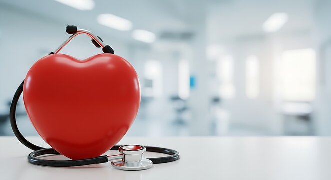 Heart.Red heart love shape hand exercise ball with doctor physician stethoscope on hospital background, Hospital life insurance concept, World heart health day, World hypertension day