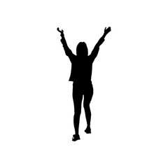 A powerful silhouette of a woman with her arms raised in a celebratory pose against a plain white background.