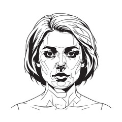 Black and white close up illustration of a beautiful woman face minimalist elegant line art drawing