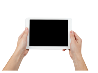 Hands holding a blank tablet computer displaying a black screen for creative use isolated on transparent background