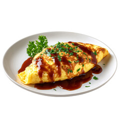 omurice with brown demi-glace sauce and parsley garnish isolated die-cut 