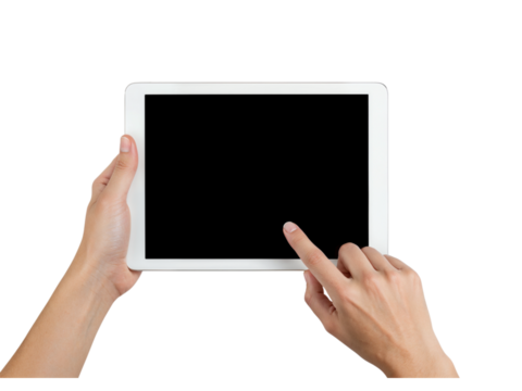 Hands using a tablet computer touchscreen for digital interaction and information access isolated on transparent background