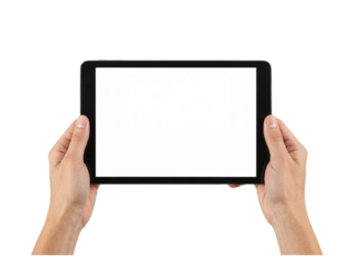 Person holding a digital tablet device displaying a blank screen technology concept isolated on transparent background