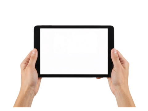 Person holding a digital tablet device displaying a blank screen technology concept isolated on transparent background - Powered by Adobe