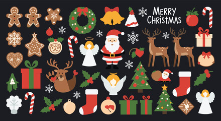 A delightful collection of pixel art christmas elements featuring santa claus reindeer angels and festive decorations.