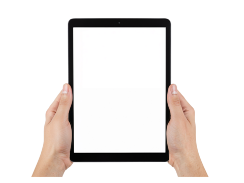 Hands holding a modern tablet device displaying a blank gray screen for content creation isolated on transparent background