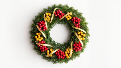 Colorful festive wreath, circular design with red and yellow accents, ideal for holiday decor or seasonal celebrations.