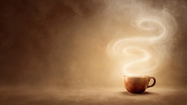 Vintage coffee cup with glowing infinite spiral steam, warm morning light highlighting cup texture