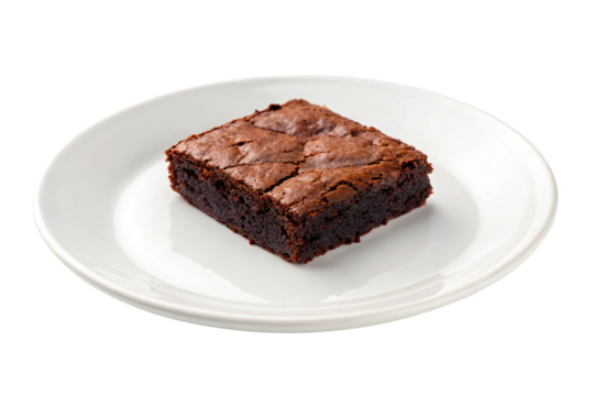 Decadent brownie slice on white plate ready to indulge in delicious chocolate treat, perfect dessert.
