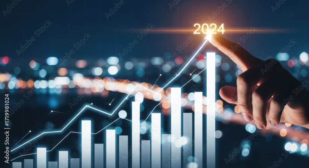Poster projected business growth chart displaying an upward trend towards 2024 with a person pointing at th