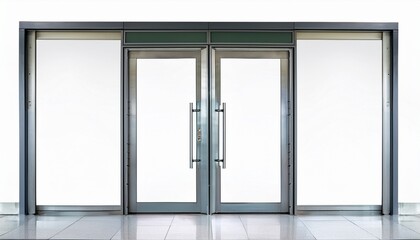 double glass doors with metal frame and handles realistic mockup of closed doors isolated on white background glass gate entrance in store mall or office