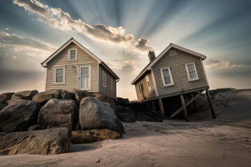 Twin houses built securely on solid rocks illuminated by radiant beams of light, a Christian metaphor of strength, stability, and faith founded on the word of God