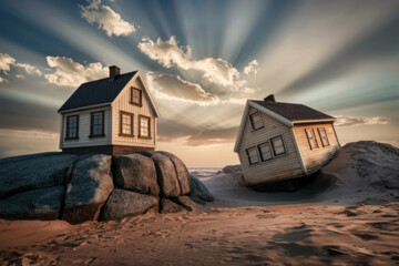 Two tilted houses, one secure on rock and one unstable on sand, set under dramatic skies with radiant beams, symbolizing the contrast of strength versus weakness in faith