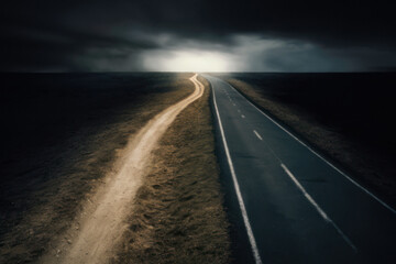 Two diverging roads across a barren desert landscape, one narrow and one wide, under a dramatic cloudy sky, symbolizing Jesus&rsquo; teaching on the narrow and wide paths