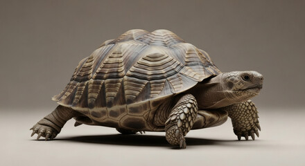 A detailed studio shot of a large tortoise, showcasing its textured shell and features.