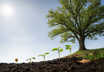 Conceptual image of a mustard seed sprouting in soil, transforming into a large tree under the sun, Christian symbolism of faith starting small and growing into greatness