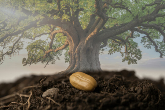 Mustard seed resting on rich soil beneath a spreading green tree, biblical metaphor of small beginnings in faith that grow into greatness and strength in God