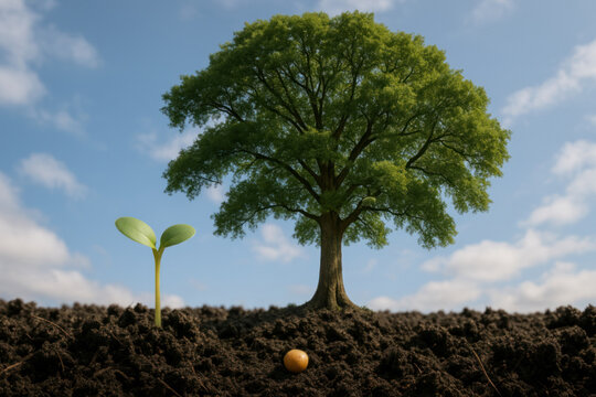Conceptual Christian image of a mustard seed sprouting beside a large tree in soil under clear blue sky, symbolizing growth of faith from small beginnings to strength