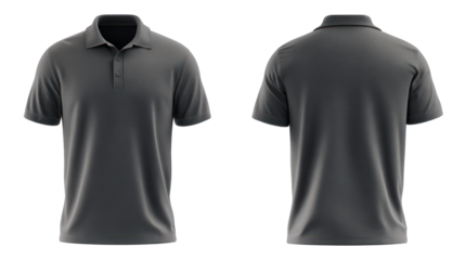 Two views of a charcoal grey polo shirt isolated on transparent background
