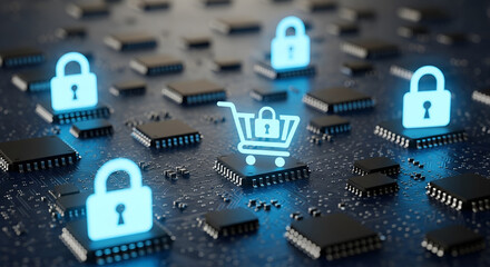 Secure online shopping concept with glowing padlock icons on computer chips