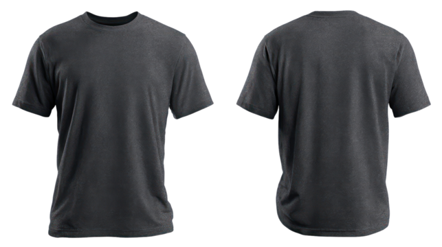 Front and back view of a dark grey t shirt isolated on transparent background
