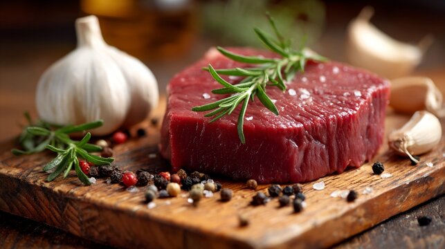 Freshly cut beef steak with aromatic garlic and herbs, artistically arranged on a rustic wooden board, creating a delicious culinary scene for meat lovers and chefs alike.