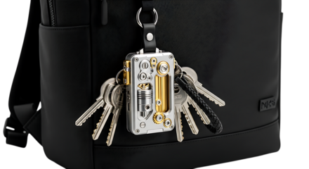 A closeup of a unique steampunkstyle key chain with multiple keys hanging from a black leather backpack, isolated on transparent background, showcasing intricate metalwork and industrial design elemen