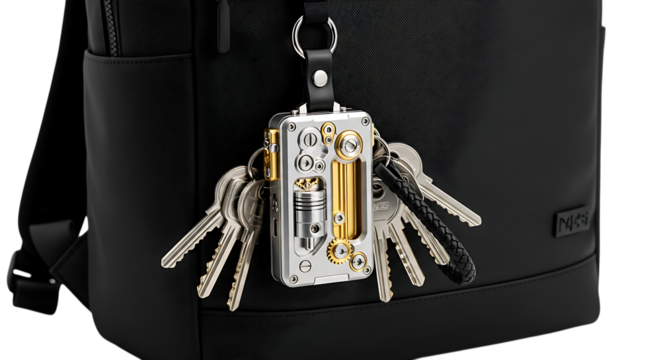 A closeup of a unique steampunkstyle key chain with multiple keys hanging from a black leather backpack, isolated on transparent background, showcasing intricate metalwork and industrial design elemen - Powered by Adobe
