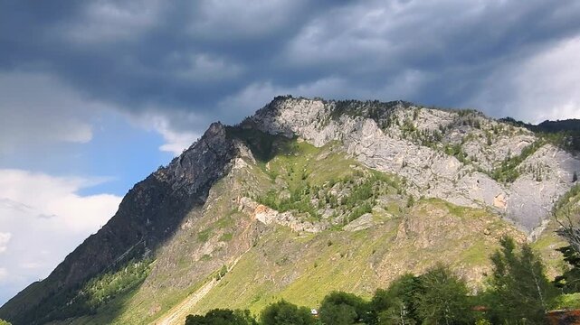 Slow motion video of Altai river Katun. Natural mountain landscape in Summer season. Zoon effect.