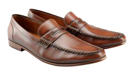 Classic brown leather penny loafers isolated on transparent background