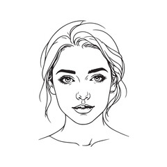 Black and white close up illustration of a beautiful woman face minimalist elegant line art drawing