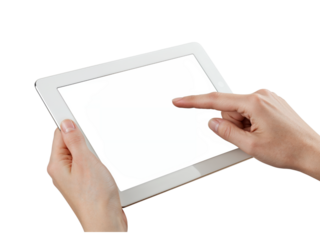 Hands holding bright tablet displaying white screen interactive touchscreen technology isolated on transparent background