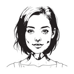 Black and white close up illustration of a beautiful woman face minimalist elegant line art drawing