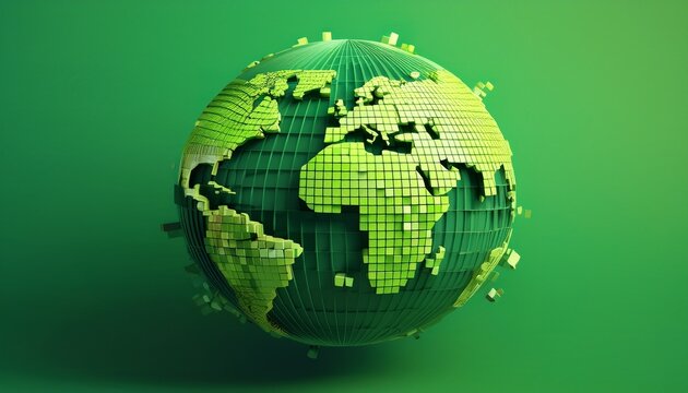 minimalist 3d pixelated earth globe in vibrant green tones abstract digital design symbolizing technology global connectivity and sustainability clean modern concept with geometric style