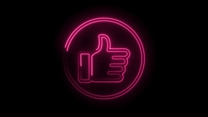 Glowing pink neon thumbs up icon animation on black background for social media engagement - Powered by Adobe